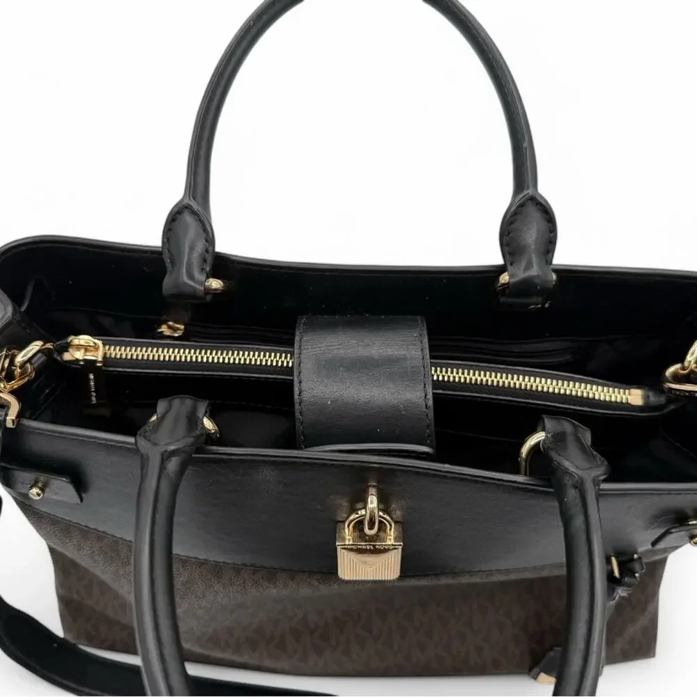 Michael Kors Hamilton Lock Tote Brown MK Monogram Leather Trim Large